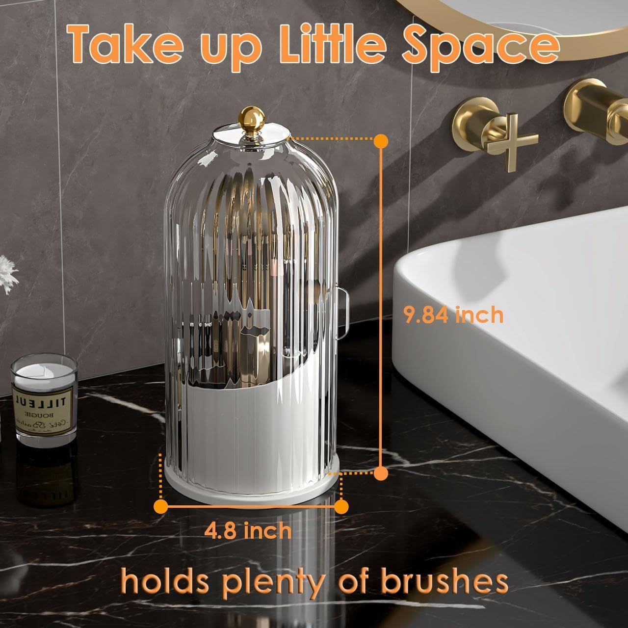 Makeup Brush Holder - 360 Rotating Clear Organizer with Lid for Vanity & Bathroom Countertop | Dustproof Design