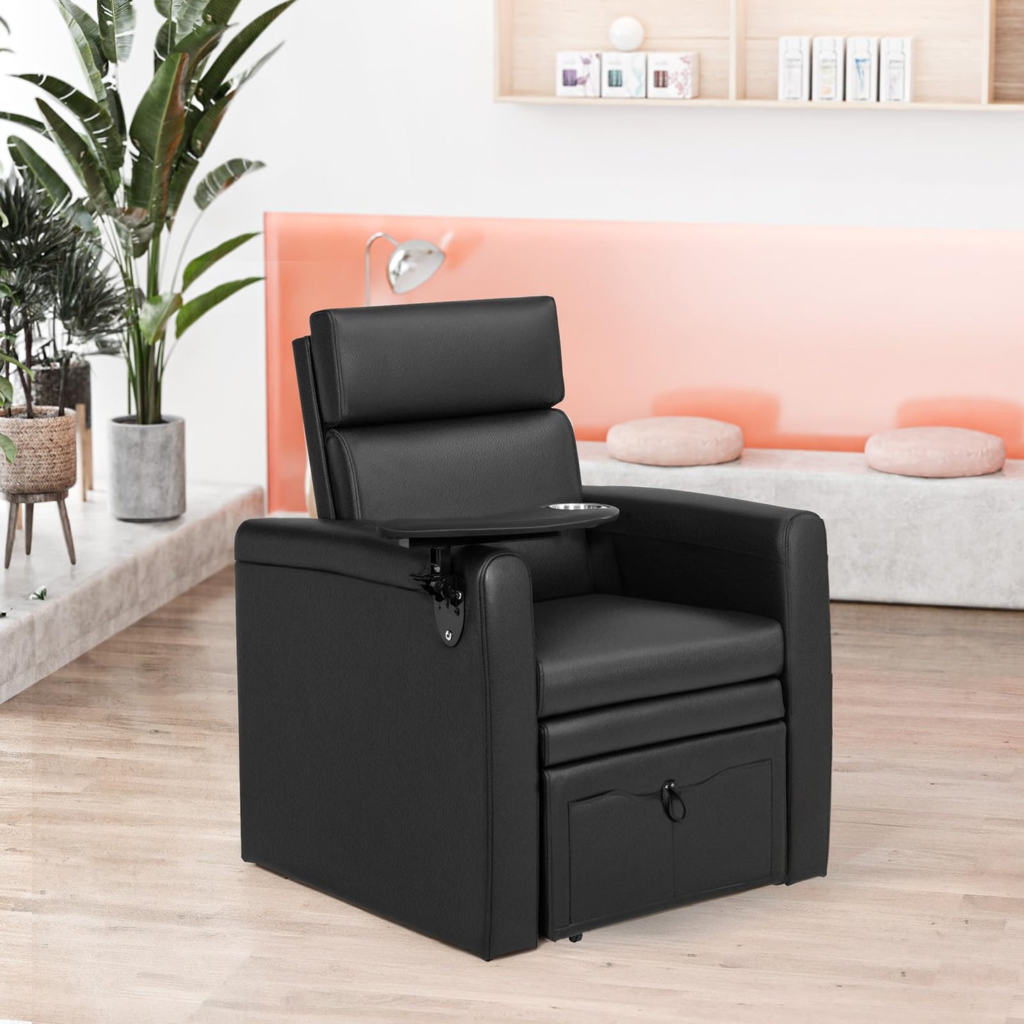 OmySalon Electric Pedicure Chair Pedi Station w/Adjustable Backrest, Movable Cup Holder & Hidden Storage Platform, No-Plumbing Full-Floor Support for Professional Nail Tech Supplies Spa Salon (Black)