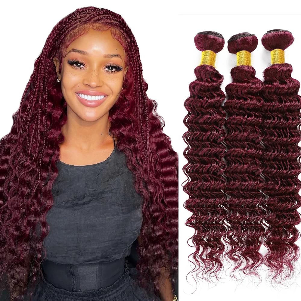 Wine Red Bundles Human Hair Deep Wave Bundles 34 34 34 Inch #99J Burgundy Deep Wave Bundle Unprocessed Brazilian Virgin Weave Hair 3 Bundle 50 Gram Per Bundle