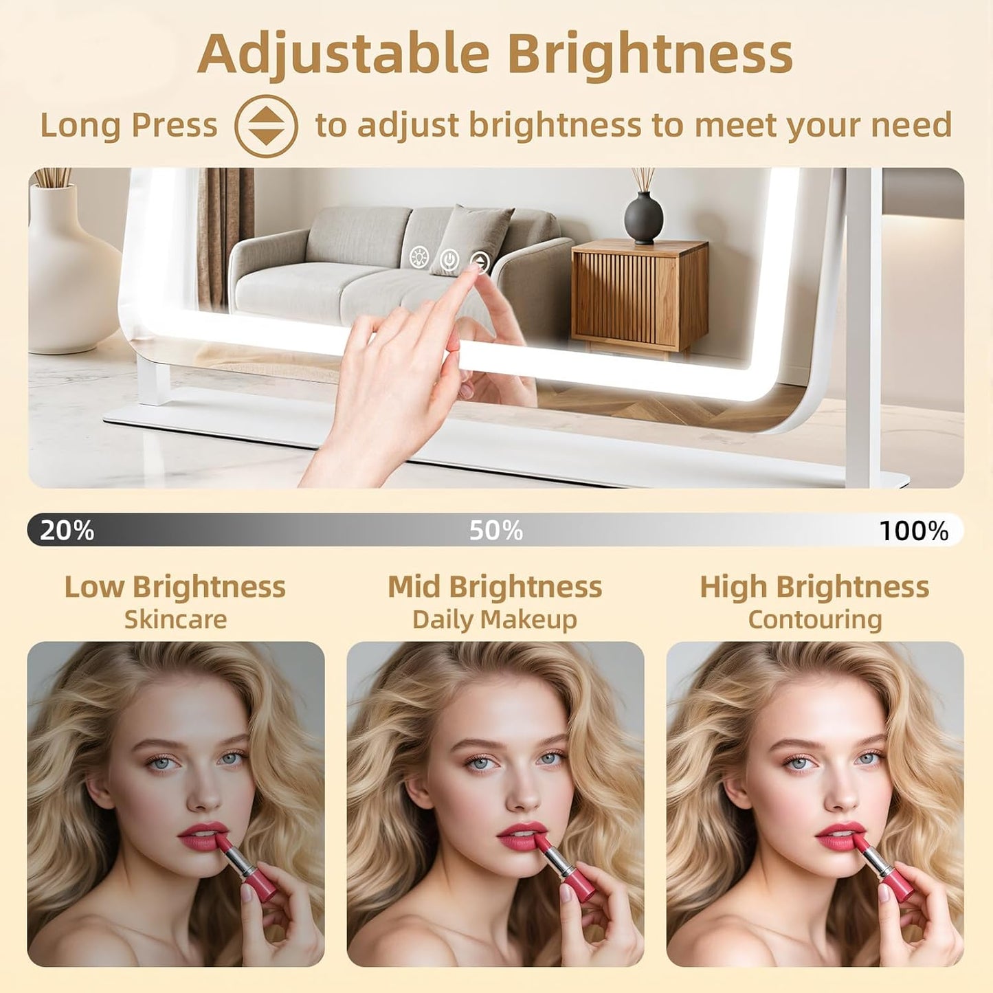 Lighted Makeup Mirror with 10X Magnification - 22"x17", Dimmable 3-Color Lights, Touch Control, 360° Rotation, Metal Frame, Perfect Women's Gift, White