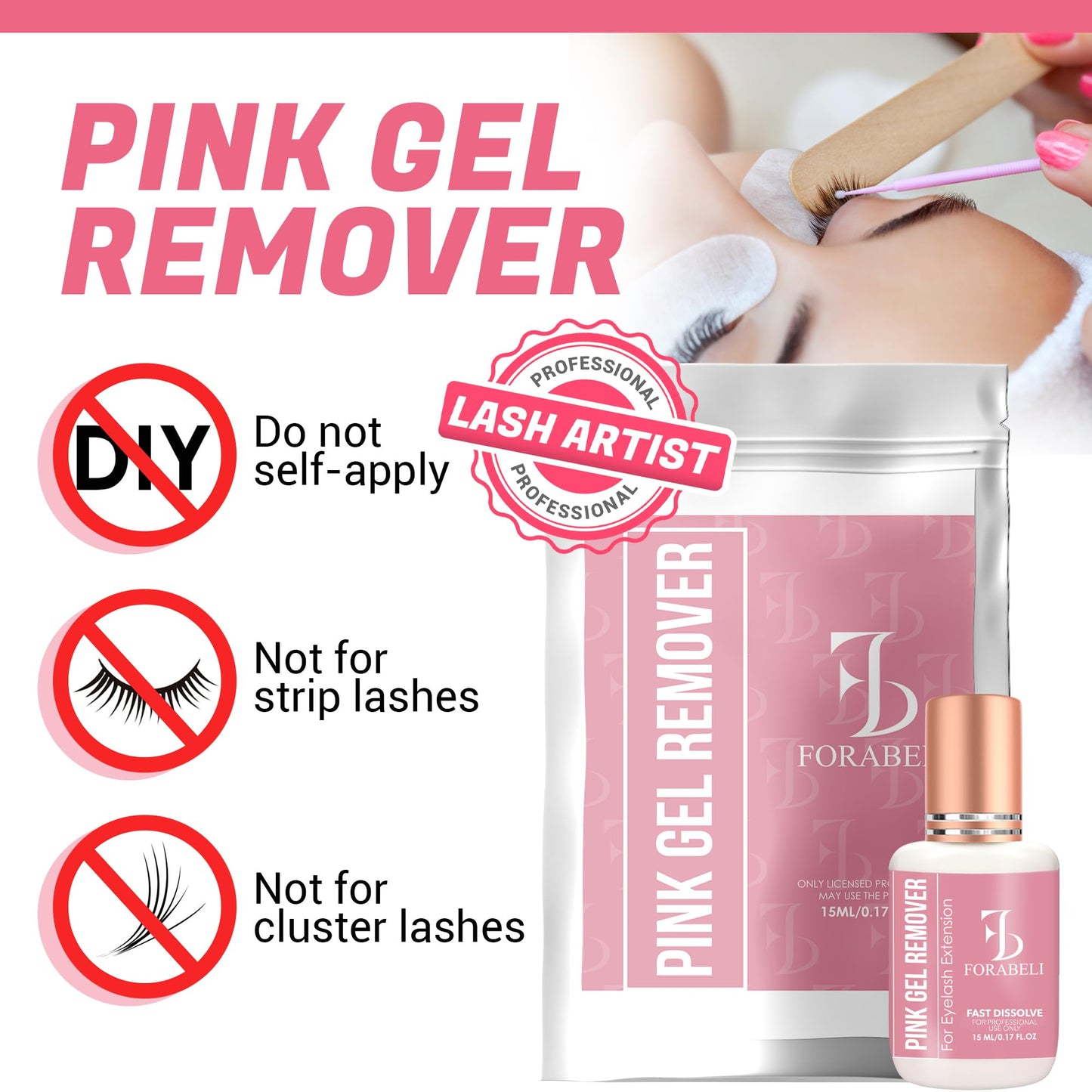 FORABELI Pink Gel Lash Remover for Eyelash Extensions | Fast Acting 60s Dissolution | High Visibility Professional Glue Remover | Gel Type Adhesive Remover | 15ml