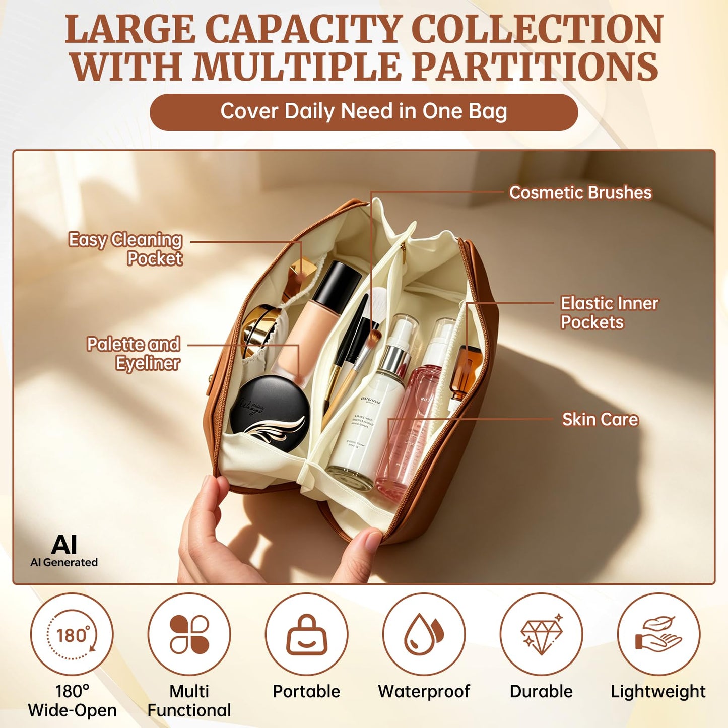 DZZ Cosmetic Travel Bag,Large Travel Cosmetic Bag for Women,Classic Brown
