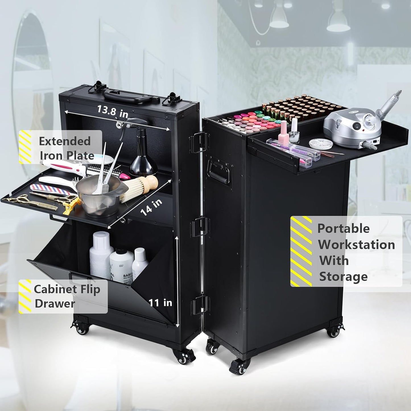 Mobile Nail Tech Station - Rolling Makeup Case with Drawers | Lockable Nail Travel Cart for Cosmetology & Tattoo Work