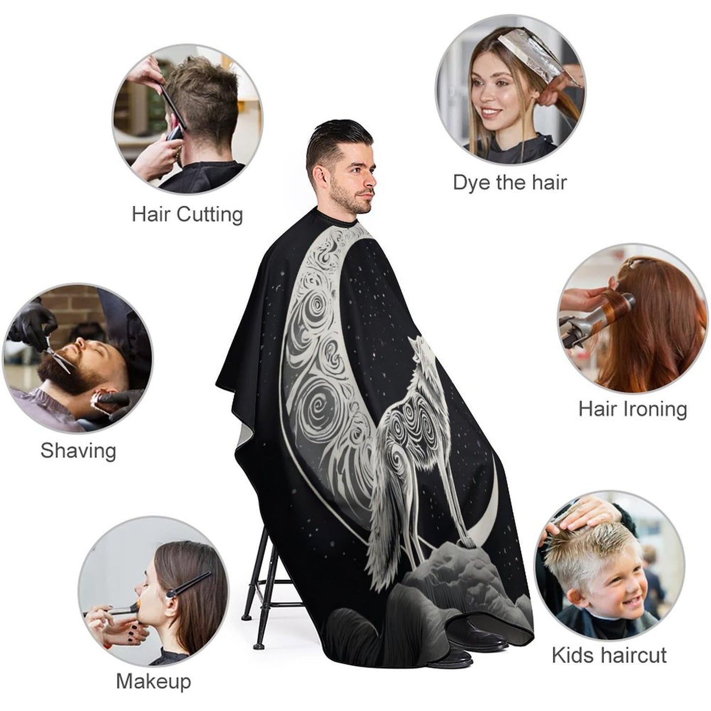 Large Professional Barber Cape Waterproof Hair Cutting Cape for Men Women Wolf Howling Moon
