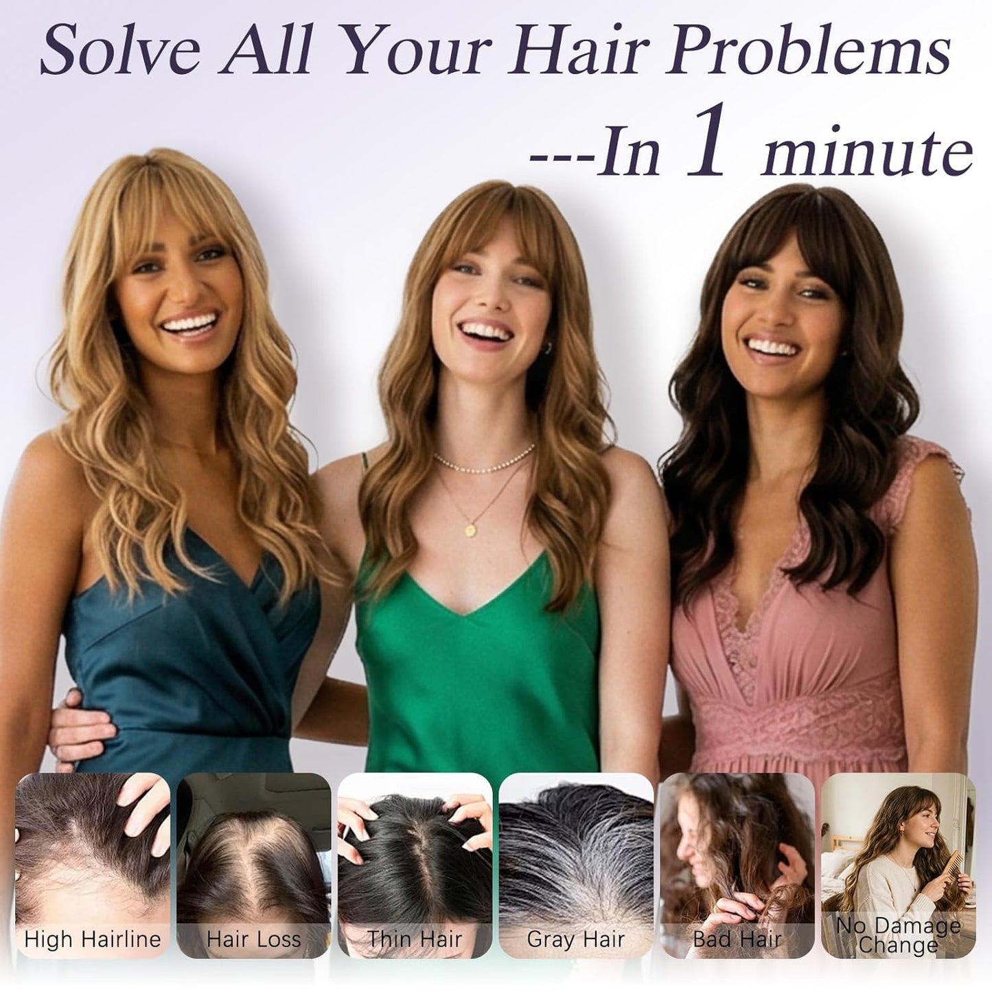 360 3D Hair Toppers for Women - Big Base Clip-In Hair Pieces, 20-Inch Long Wavy Style with French Bangs | 7x7 Inches Synthetic Fiber