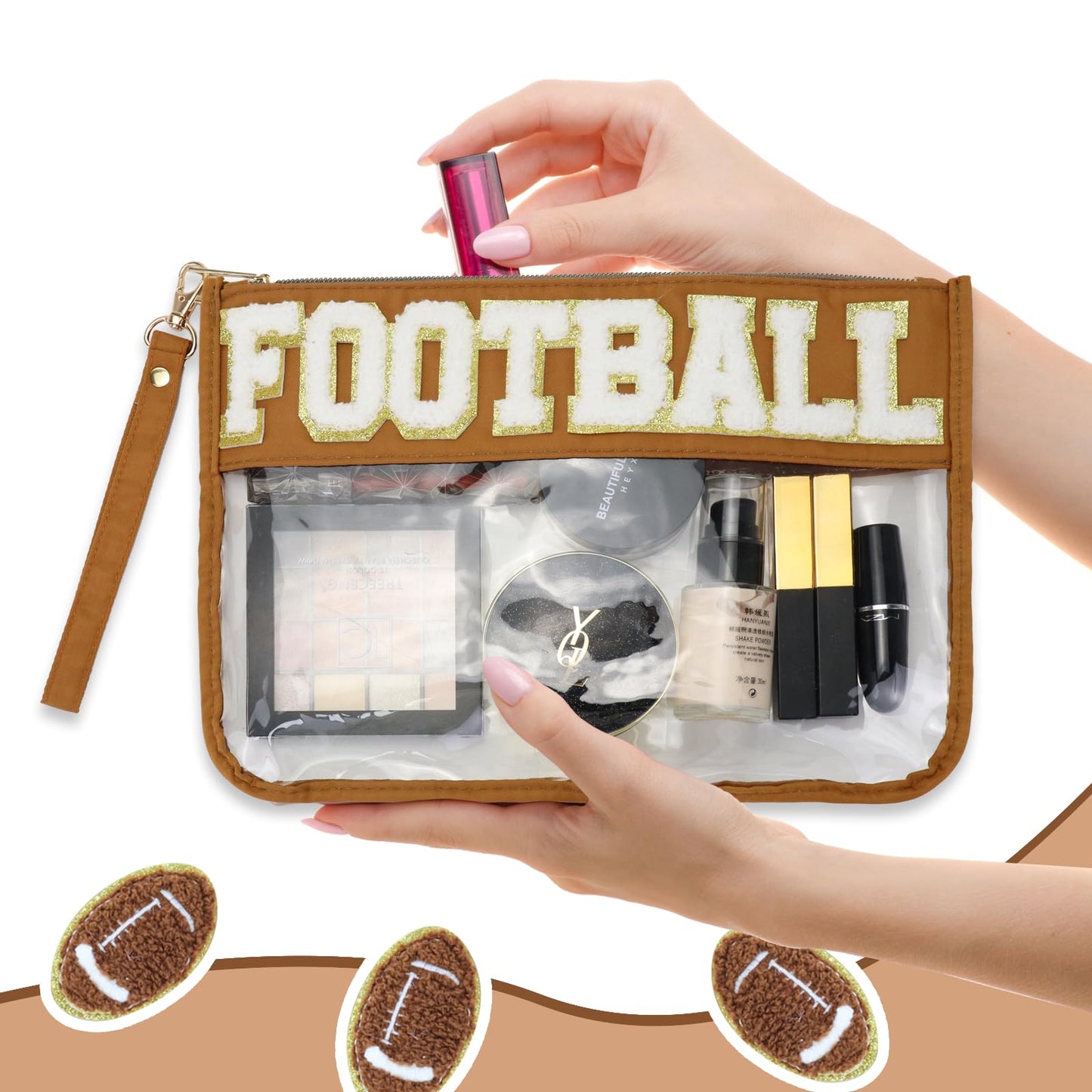 SUILU 2 Pcs Football Gifts Makeup Bag with Chenille Letter Patch,with Handles PVC Waterproof Clear Makeup Bag,Portable Toiletry Storage Bag,Players & Fans Birthday, Team or Sports Lover Presents