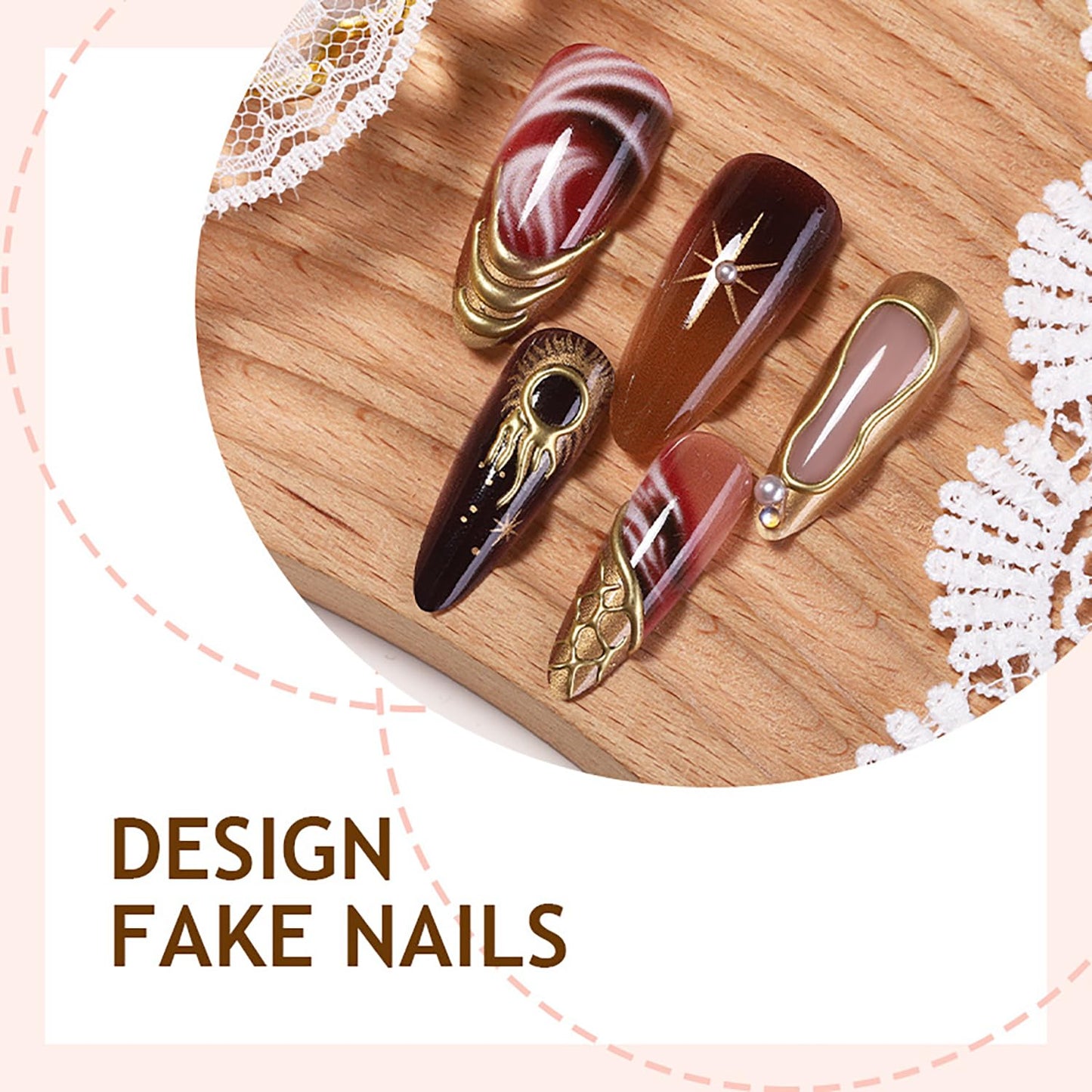 30Pcs Long Almond Press-On Nails - 3D French Tip with Pearl Rhinestones & Gothic Design | Full Cover Acrylic Nails for Women