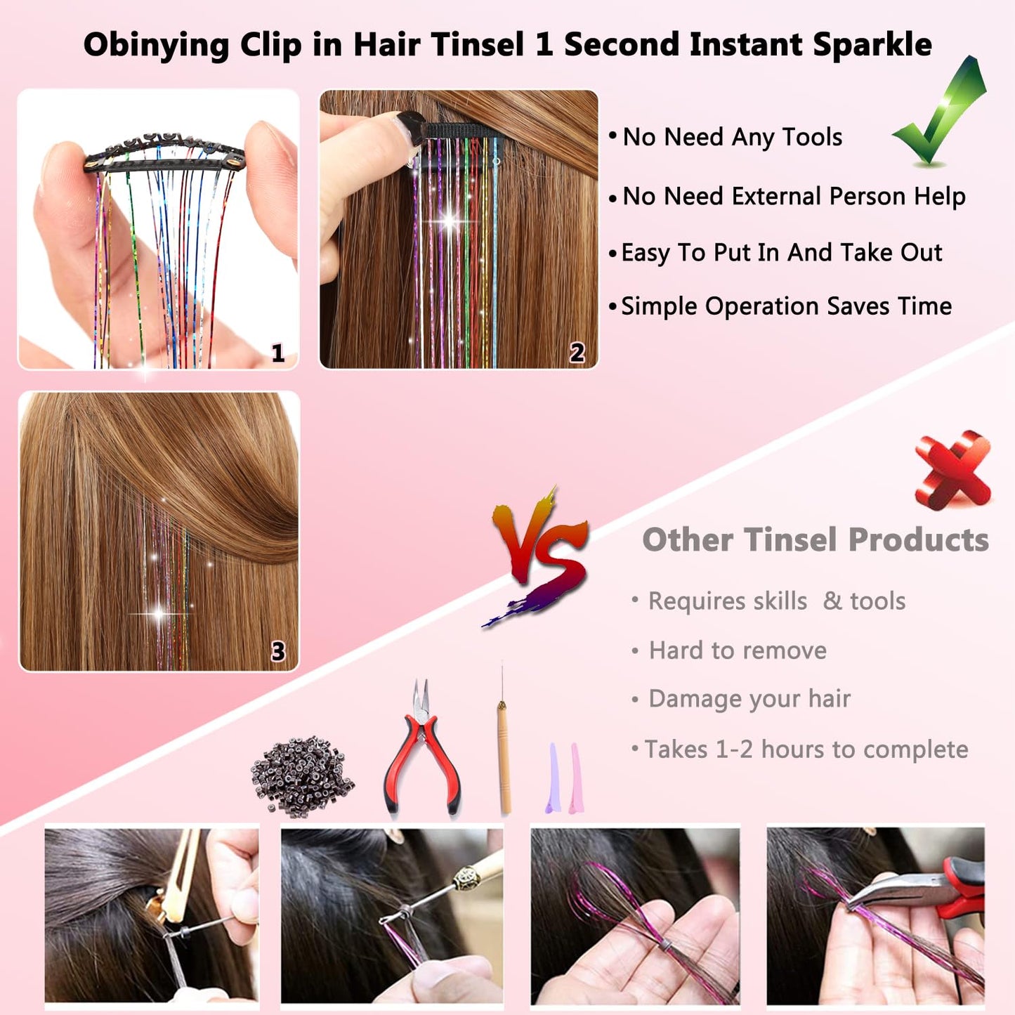 Obinying Hair Tinsel Pack of 18 Pcs Hair Tinsel Clip in 20.5 Inch Glitter Tinsel Hair Extensions Clip in Hair Tinsel Kit Party Festival Fairy Hair Accessories for Girls Women Kids (Green)
