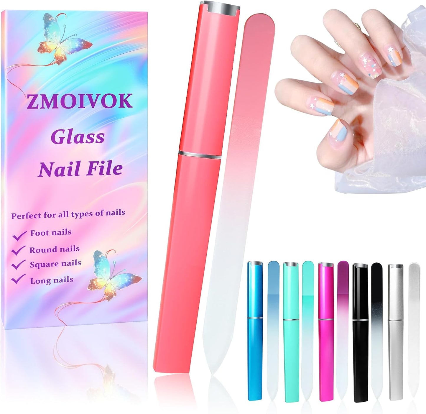 Glass Nail File Set - Double-Sided Crystal Files with Case | 6 Colors for Women & Girls