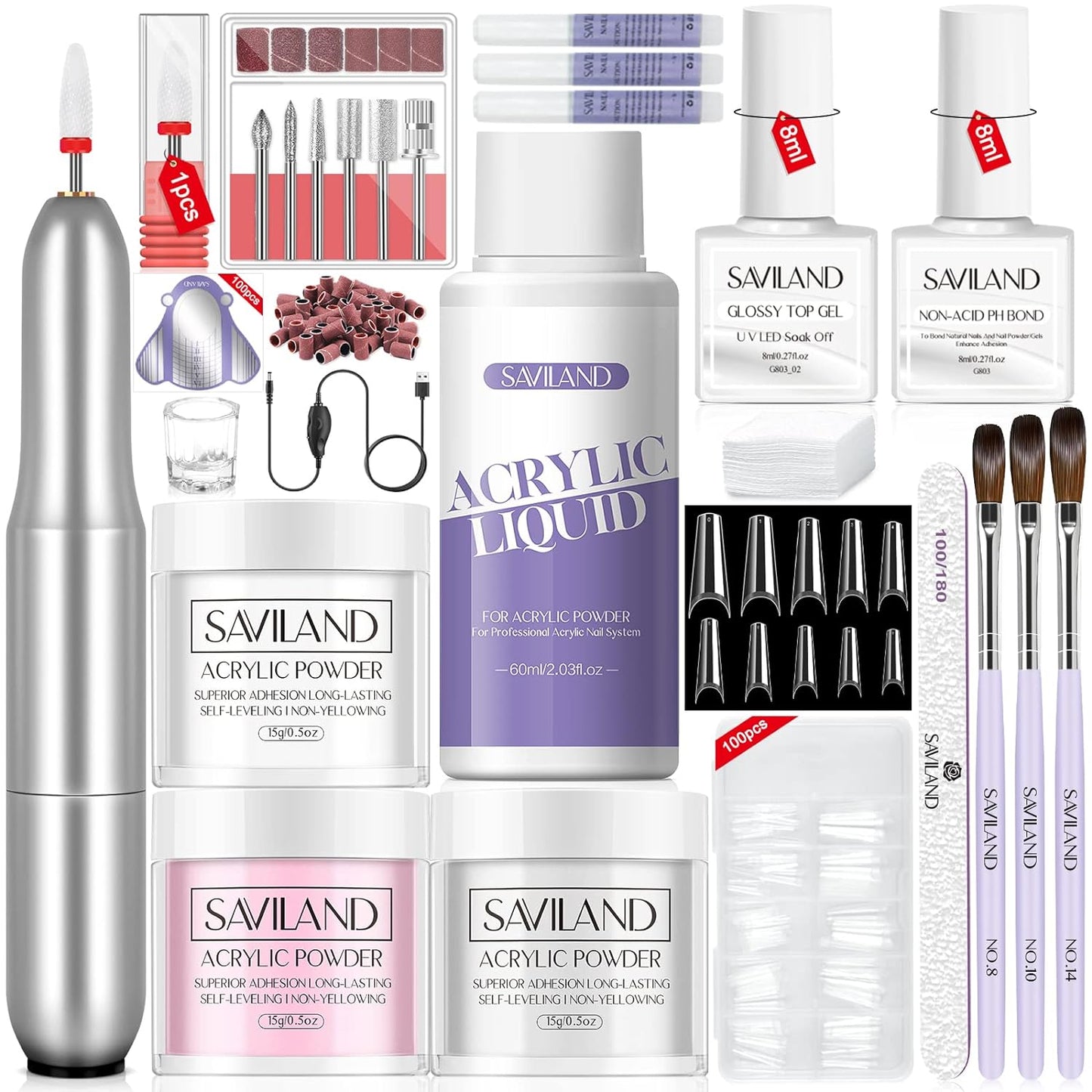 Acrylic Nail Kit with Drill & UV Light - Clear, Pink, Black & Red Powder & Gel Polish for DIY Nail Art