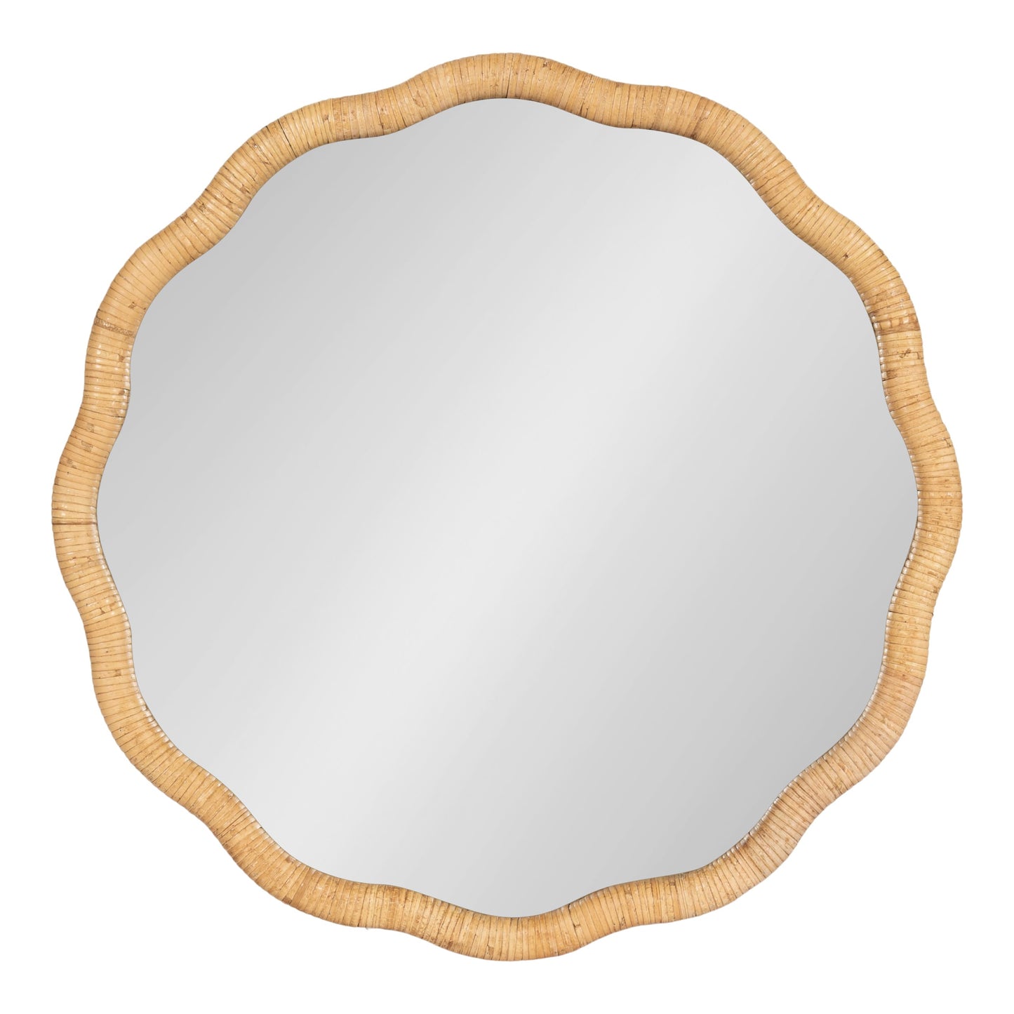 Kate and Laurel Rahfy Boho Scalloped Round Rattan Mirror; 26 Inch Diameter; Natural Wood; Decorative Round Wavy Mirror with Authentic Rattan Frame for Boho Wall Decor