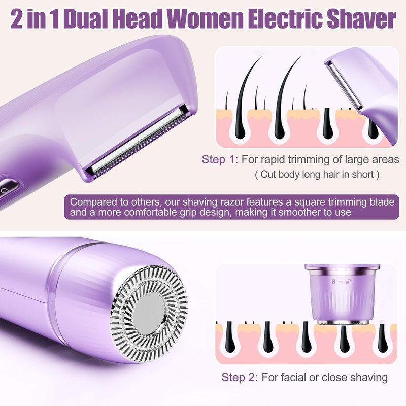 Bikini Trimmer for Women 2 in 1, Dual Head Womens Electric Shaver, Electric Razors for Pubic Hair, IPX7 Waterproof Rechargeable Facial Hair Removal for Shaving Underarm Leg Arm Body Face, Light Purple