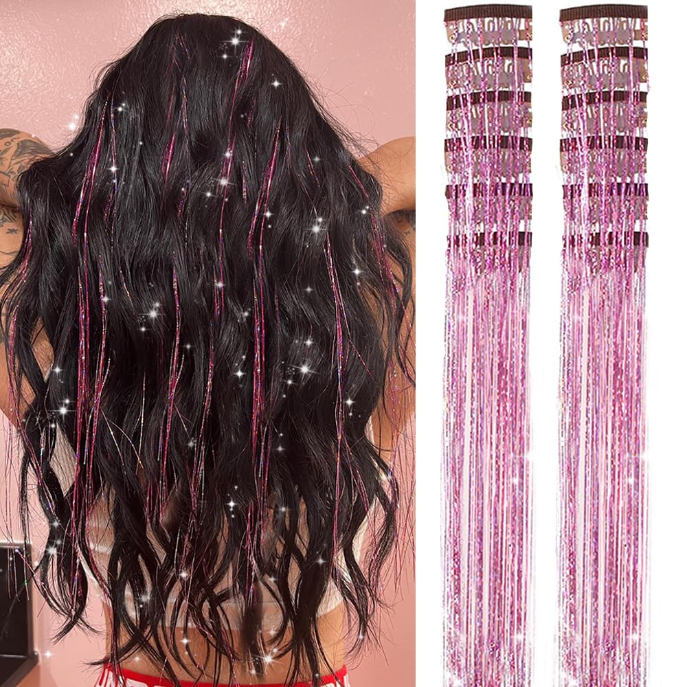 Clip In Hair Tinsel Extensions - 20 Inch Glitter Strands for Festivals | 12 Pcs Black Dazzle Kit for Women & Girls