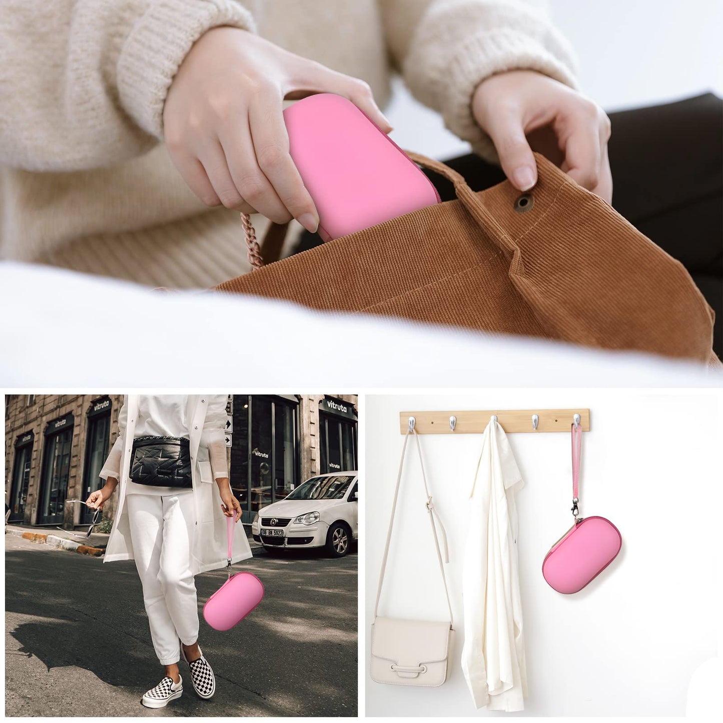 GWCASE Portable 2 in 1 Contact Lens Case and Glasses Case, Traveling Cases Bag Box Holder with Soak Storage Kit Included Built-in Mirror, Tweezer, Contact Lens Solution Bottle and Hand Strap-Pink