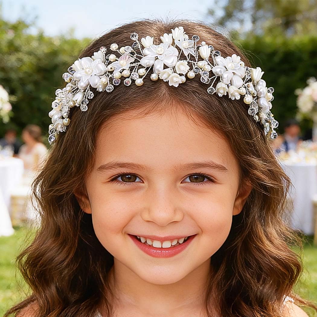 Campsis Flower Girls Hair Accessory, White Floral Headpiece, Wedding Pearl Headband for Girls