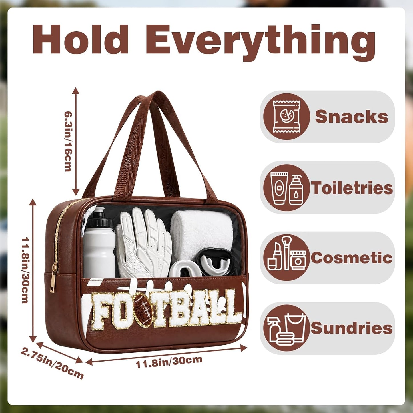 Football Mom Essentials Clear Makeup Bag - Chenille Letter Zipper Cosmetic Pouch | Portable Travel Toiletry Bag