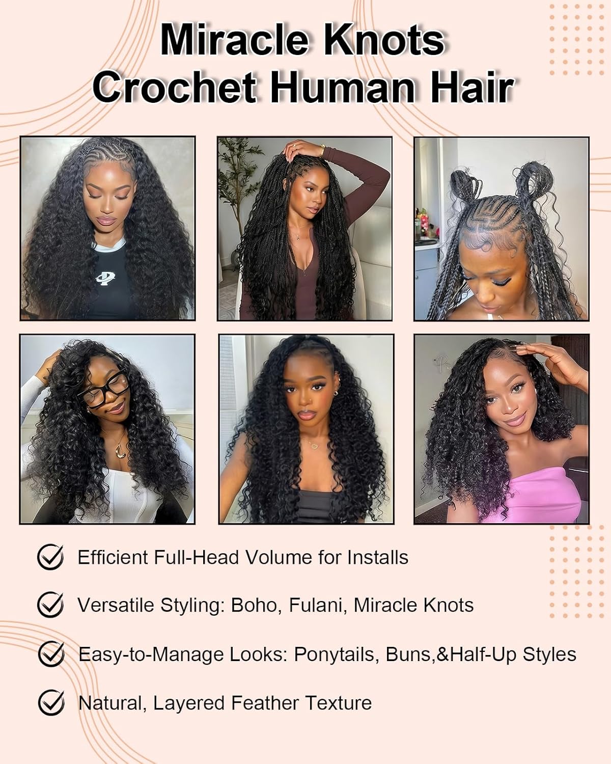 Deep Wave Crochet Hair Extensions - 18 Inch Lightweight Human Hair | 50 Strands Natural Black for Women