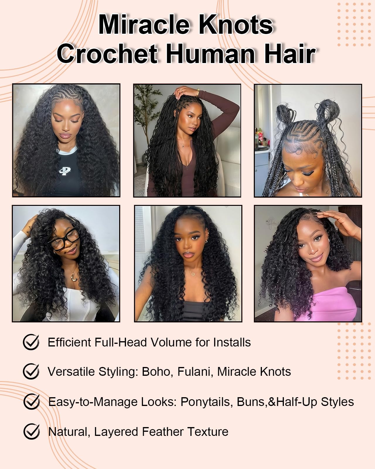 Deep Wave Human Crochet Hair for Black Women, 18 Inch 50g Feather Miracle Knots Crochet Human Hair, Pre-Separated Lightweight Bundles,50 Strands Reusable Hair Extensions for Women,Natural Black