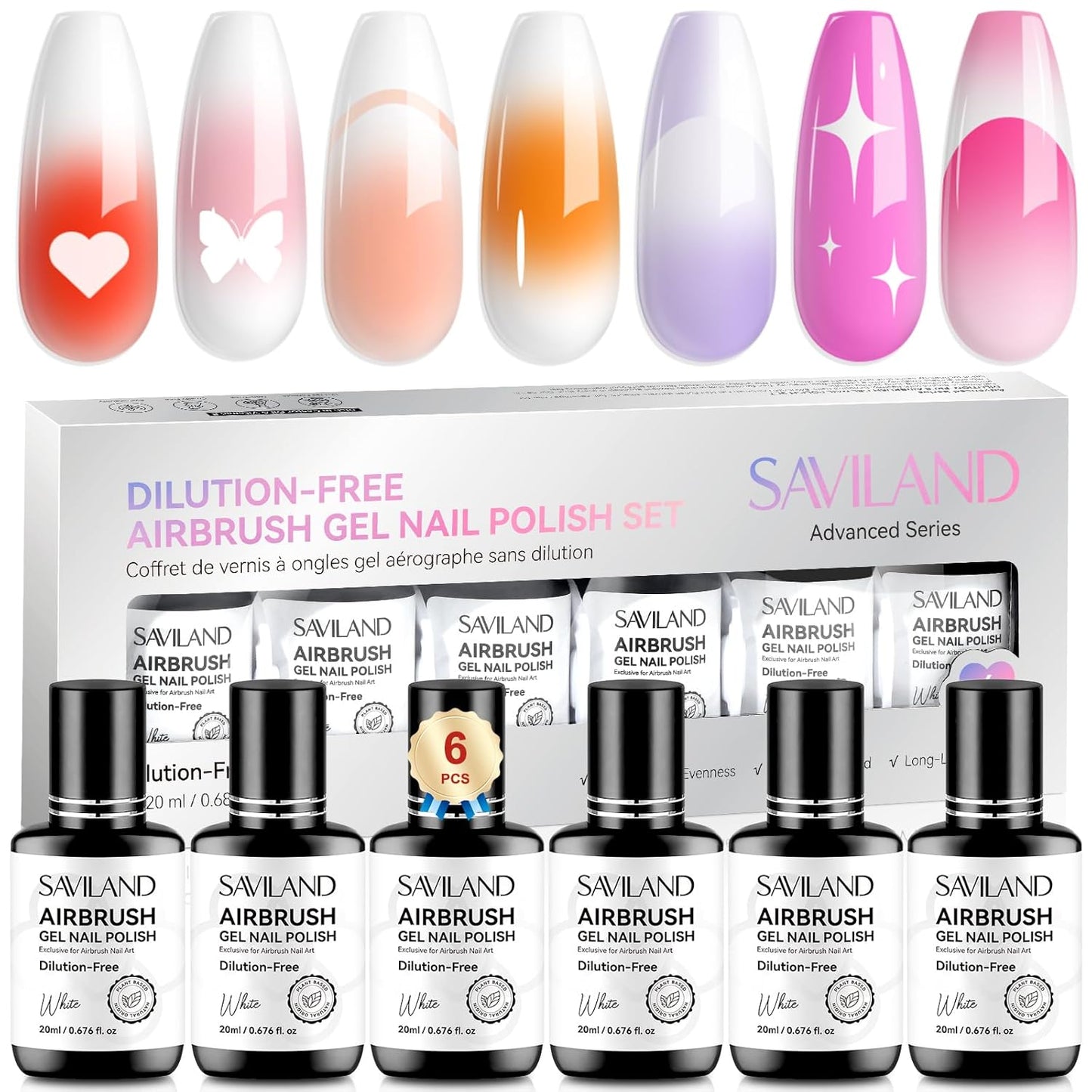 SAVILAND Airbrush Gel Nail Polish - Hema-Free, 20ml | 6PCS White, No Clogging Formula for Ombre Nail Art
