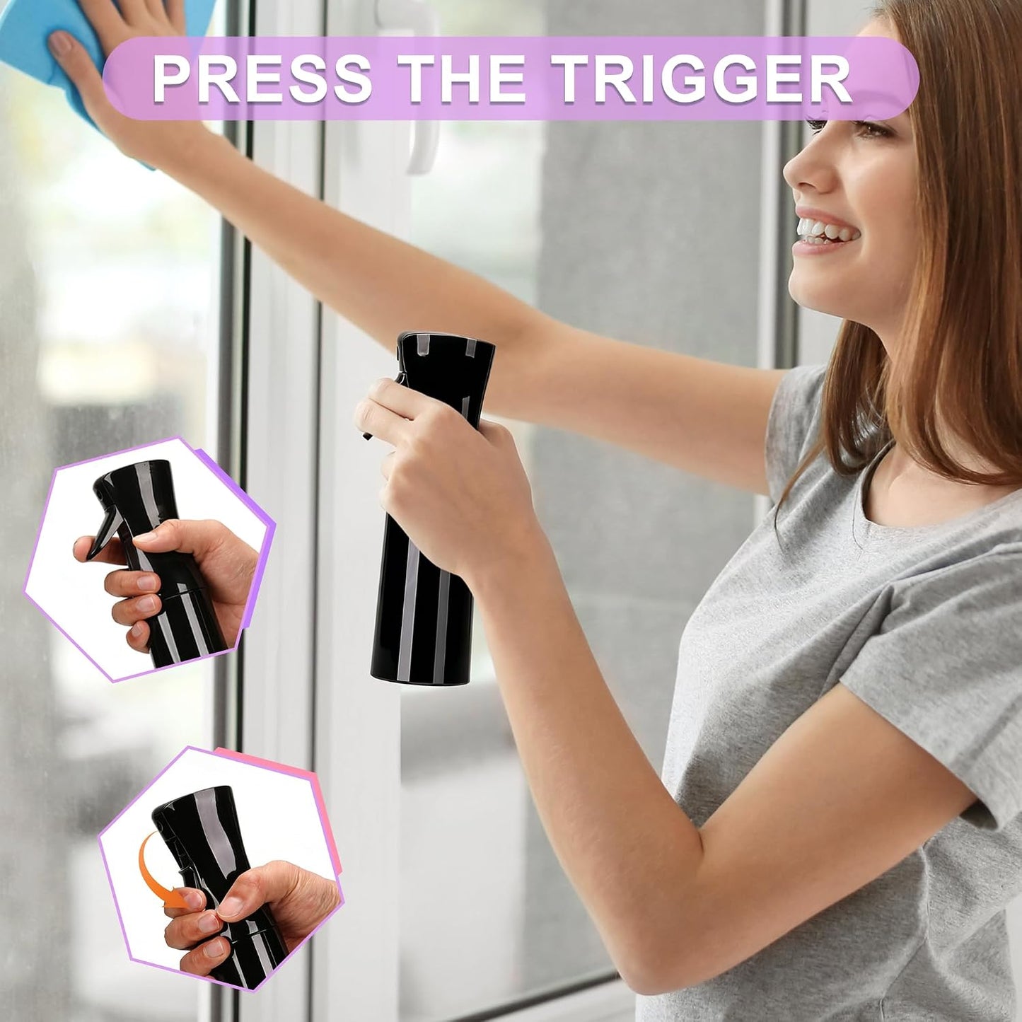 Continuous Spray Bottles for Hair | 200ml Reusable Black Bottles for Hair Care, Plants & Cleaning (2-Pack)