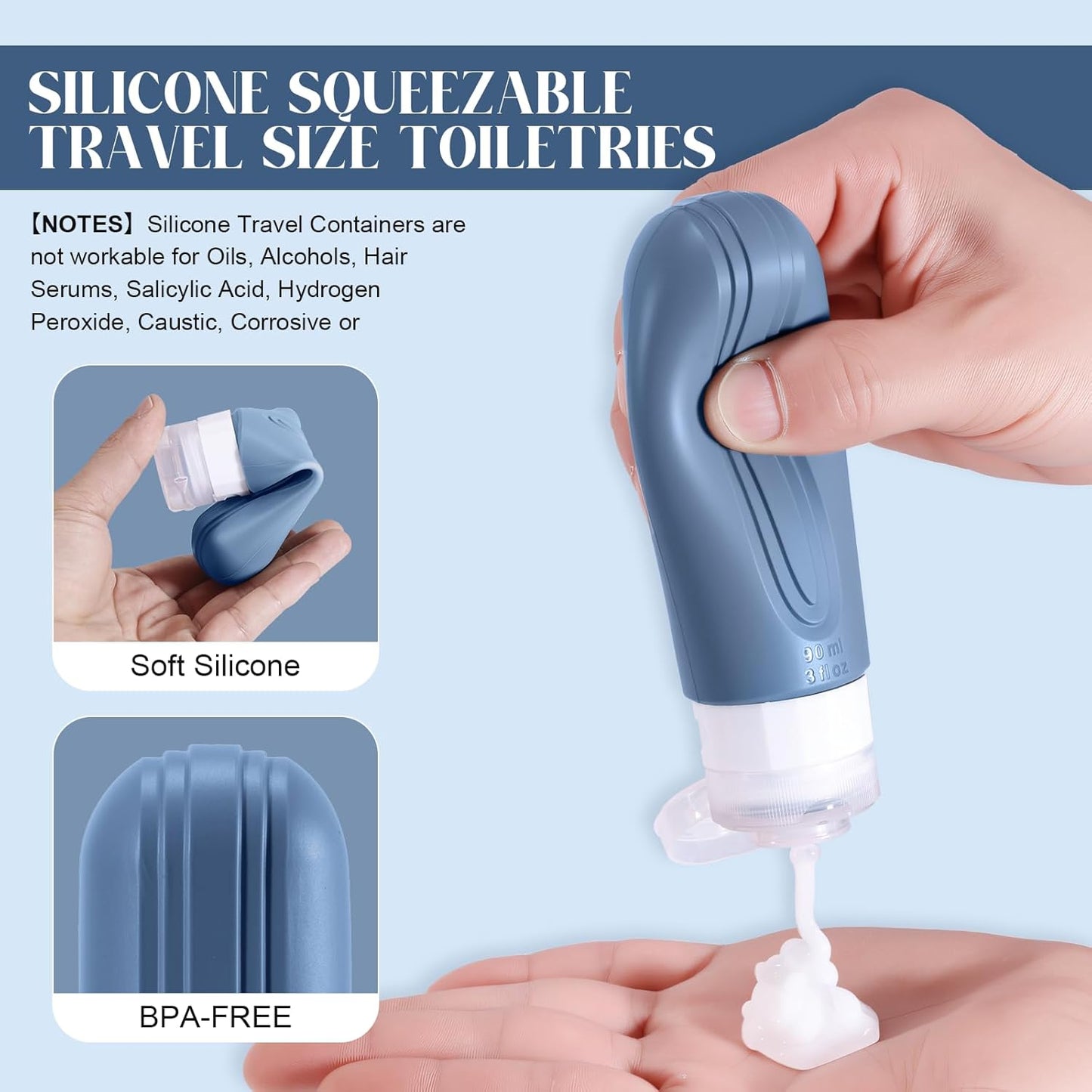 Travel Bottles for Toiletries - 3oz Silicone Leak-Proof Containers | TSA Approved, Squeezable Essentials (Blue)