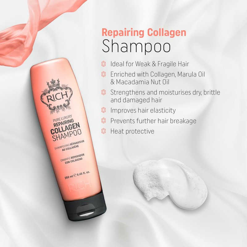 RICH Pure Luxury Repairing Collagen Shampoo for Fragile & Weak Hair - Helps to Strengthen and Moisturize Dry and Brittle - Hair Proteins, Collagen, Marula Oil & Macadamia Nut Oil - 8.45 oz