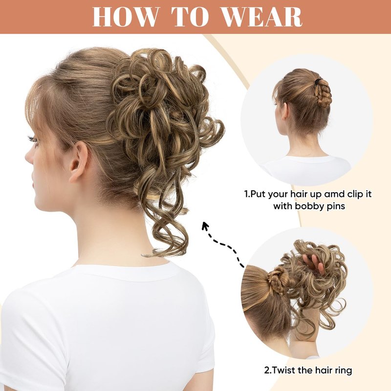 Messy Bun Hair Pieces - 2PCS Wavy Curly Synthetic Updo Extensions | Brunette & Ash Blonde Options