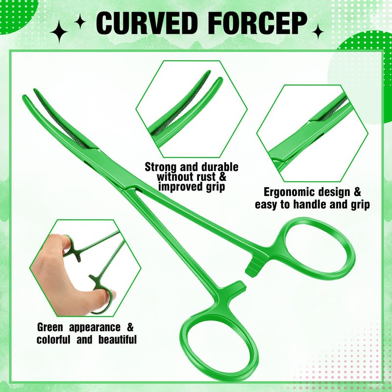 BBTO Hemostat Curved and Straight Hemostat Forceps Piercing Pliers Forceps, Stainless Steel Straight and Curved Pliers, Fishing Tweezer(Green,2 Pcs)