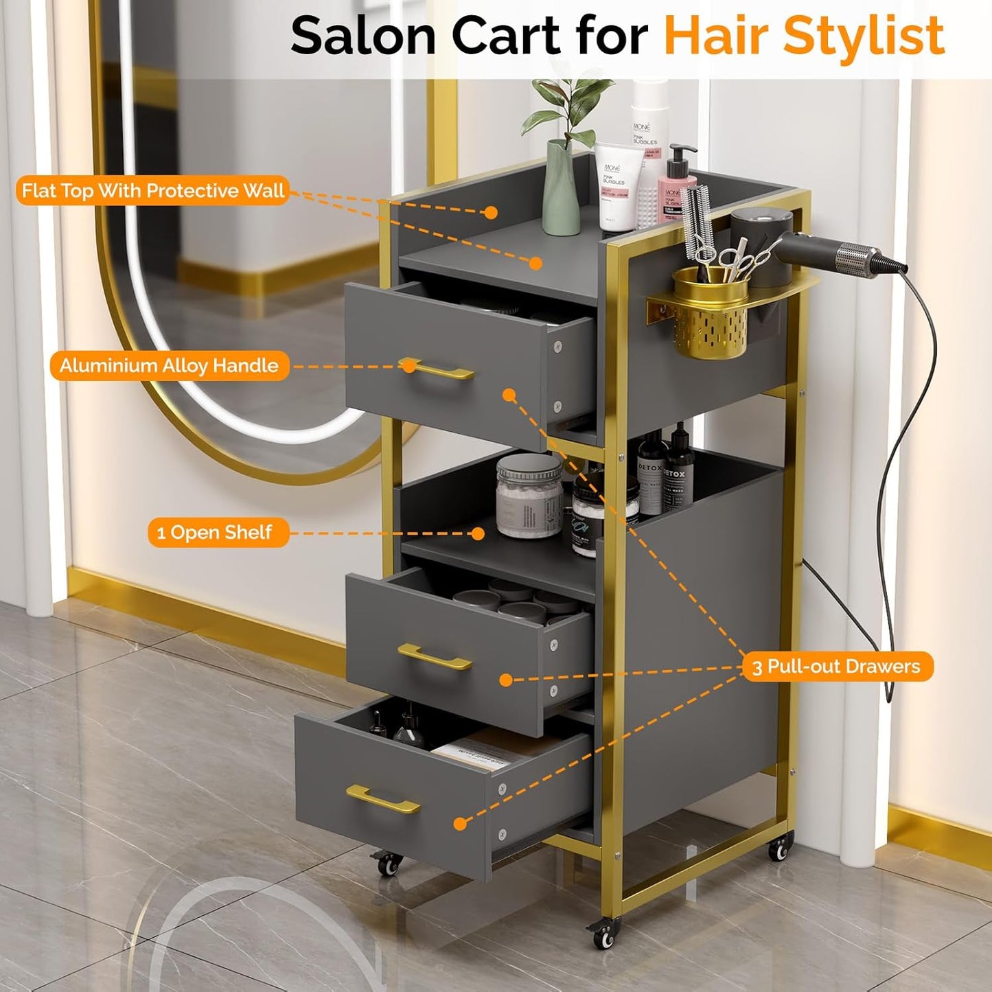 OmySalon Salon Trolley Cart - Mobile Hair Styling Station with 3 Drawers & 2 Shelves | Gray
