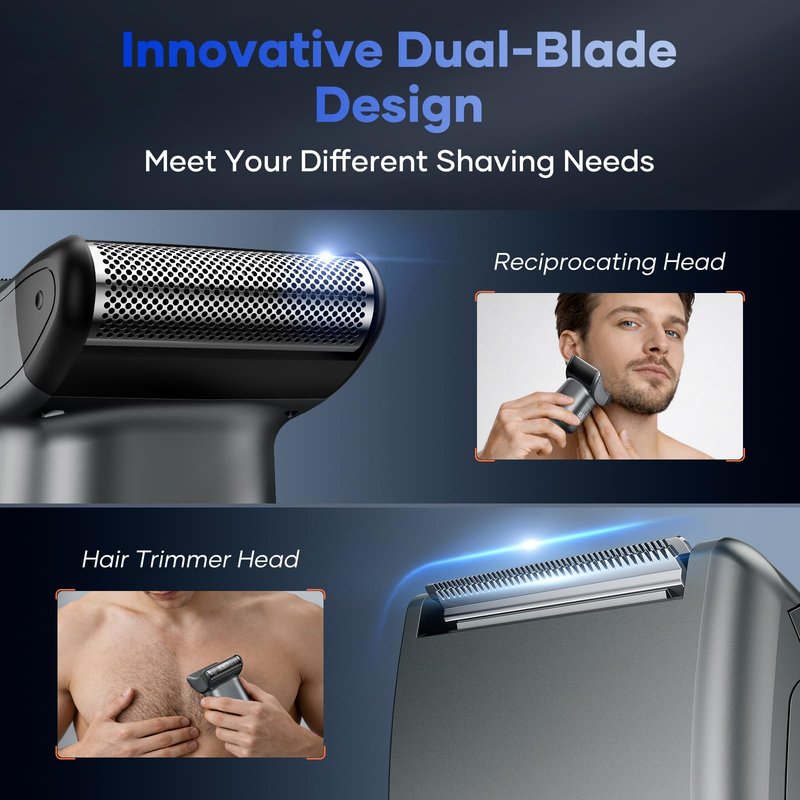 kensen Back Hair Trimmer – 2-in-1 Dual Blade (Foil + T-Blade) LED Power Display IPX6 Waterproof Type-C Fast Charging Extendable Handle for Men’s Body Grooming for Back Chest Shoulders Foot Hair