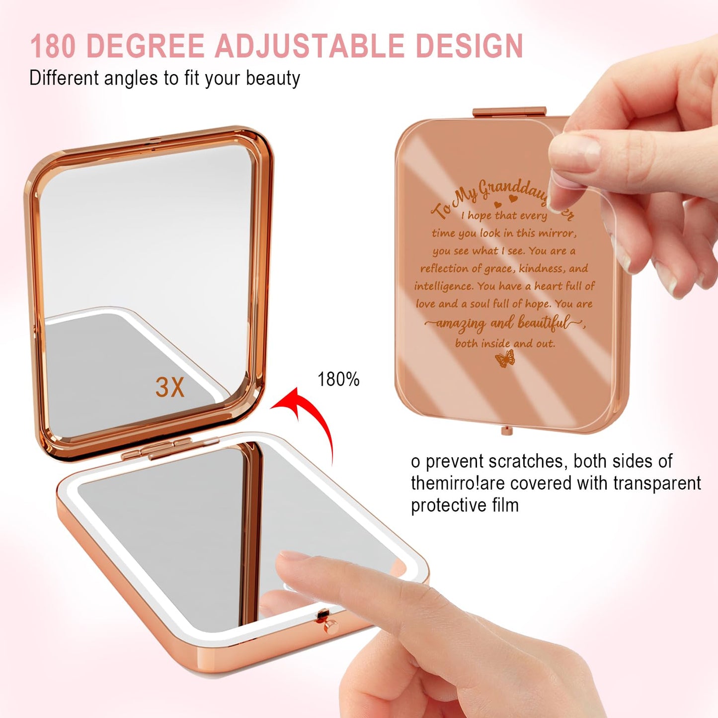 to My Granddaughter - You're Amazing and Beautiful - Pocket Mirror with Light, Granddaughter Engraved Compact Magnifying Mirrors with Light, Family First Mirror Encouragement Gifts from Grandparents