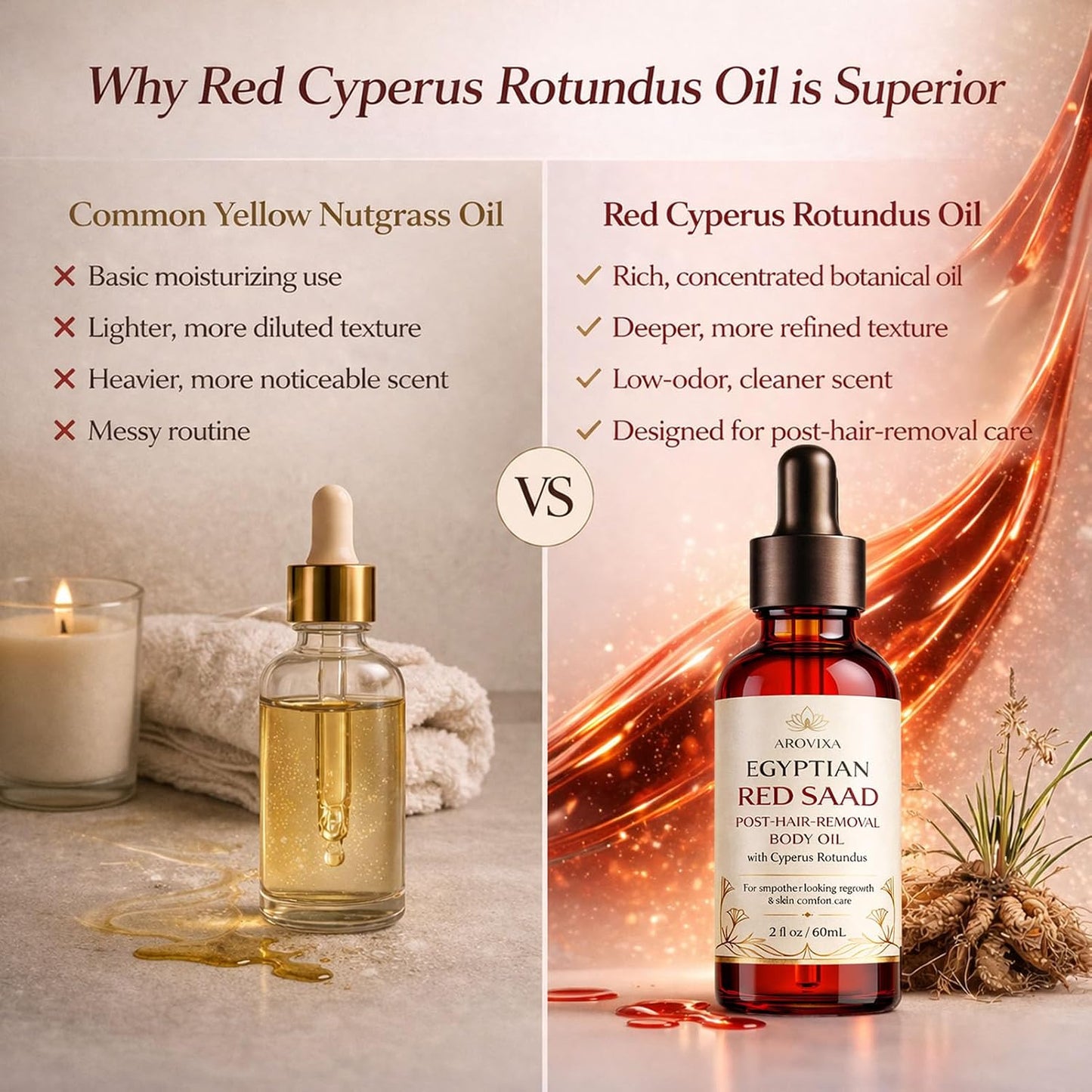 Egyptian Cyperus Rotundus Oil - Pure Post-Hair-Removal Body Oil for Smooth Skin | Lightweight, Low-Odor, 2 Fl Oz