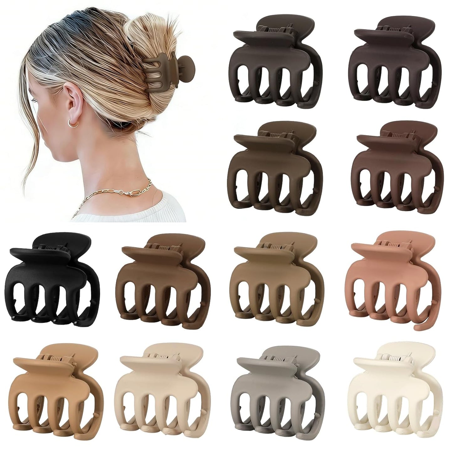 12Pcs Hair Clips for Women - Small Claw Clips for Thin & Thick Hair | Brown 1.8 Inch Hair Accessories