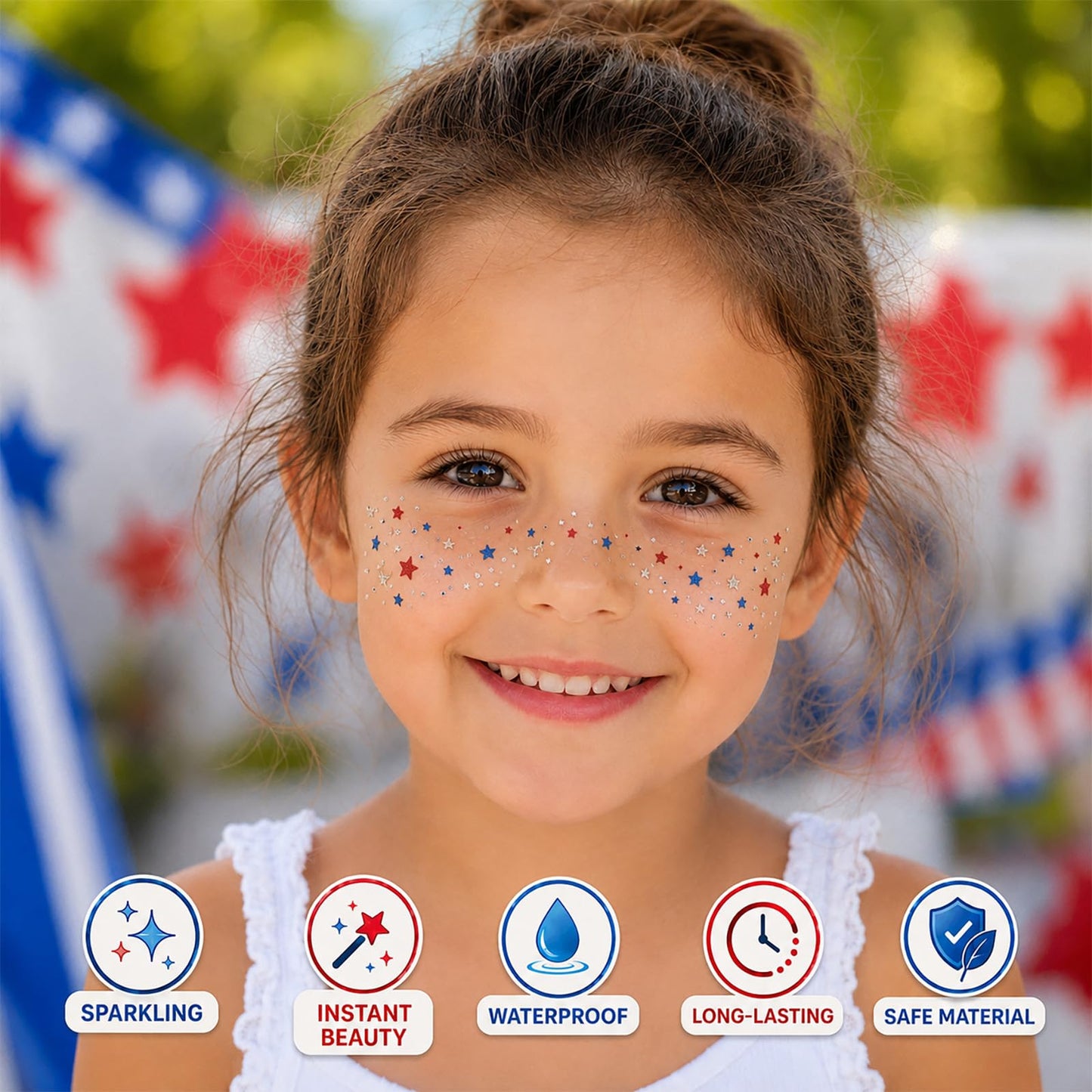 Artlunar 8 Pcs Red White Blue Star Freckle Stickers with Silver Glitter Powder for Face, 4th of July Glitter Face Stickers for Women Kids, Patriotic Independence Day Makeup Accessories