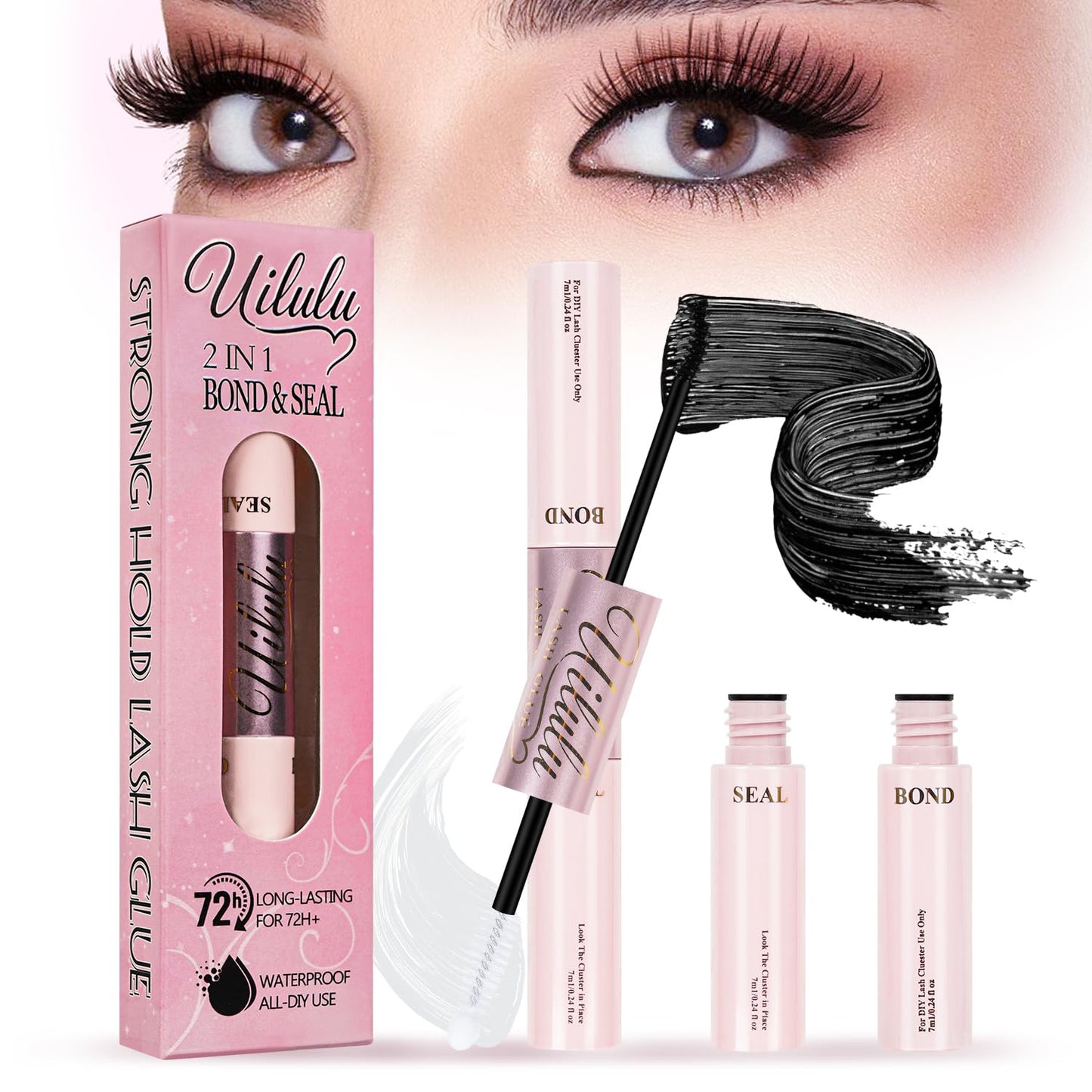 Uilulu Lash Clusters Glue - Waterproof 2-in-1 Black Adhesive for Strong Hold | 7ml + 7ml