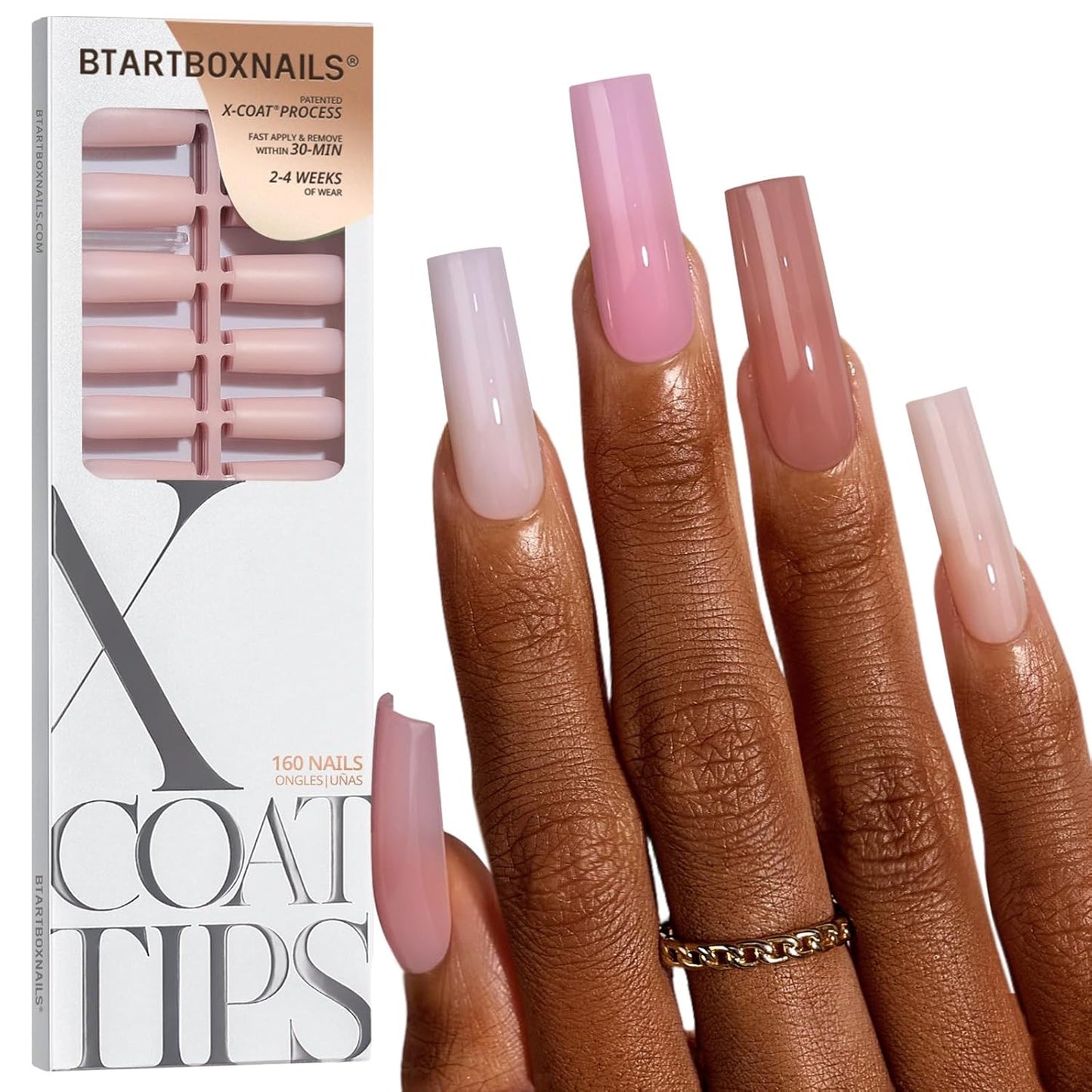 BTArtbox Press-On Nails - 5 Shades of Nude Long Stiletto | 16 Sizes for Easy Application & 4-Week Wear