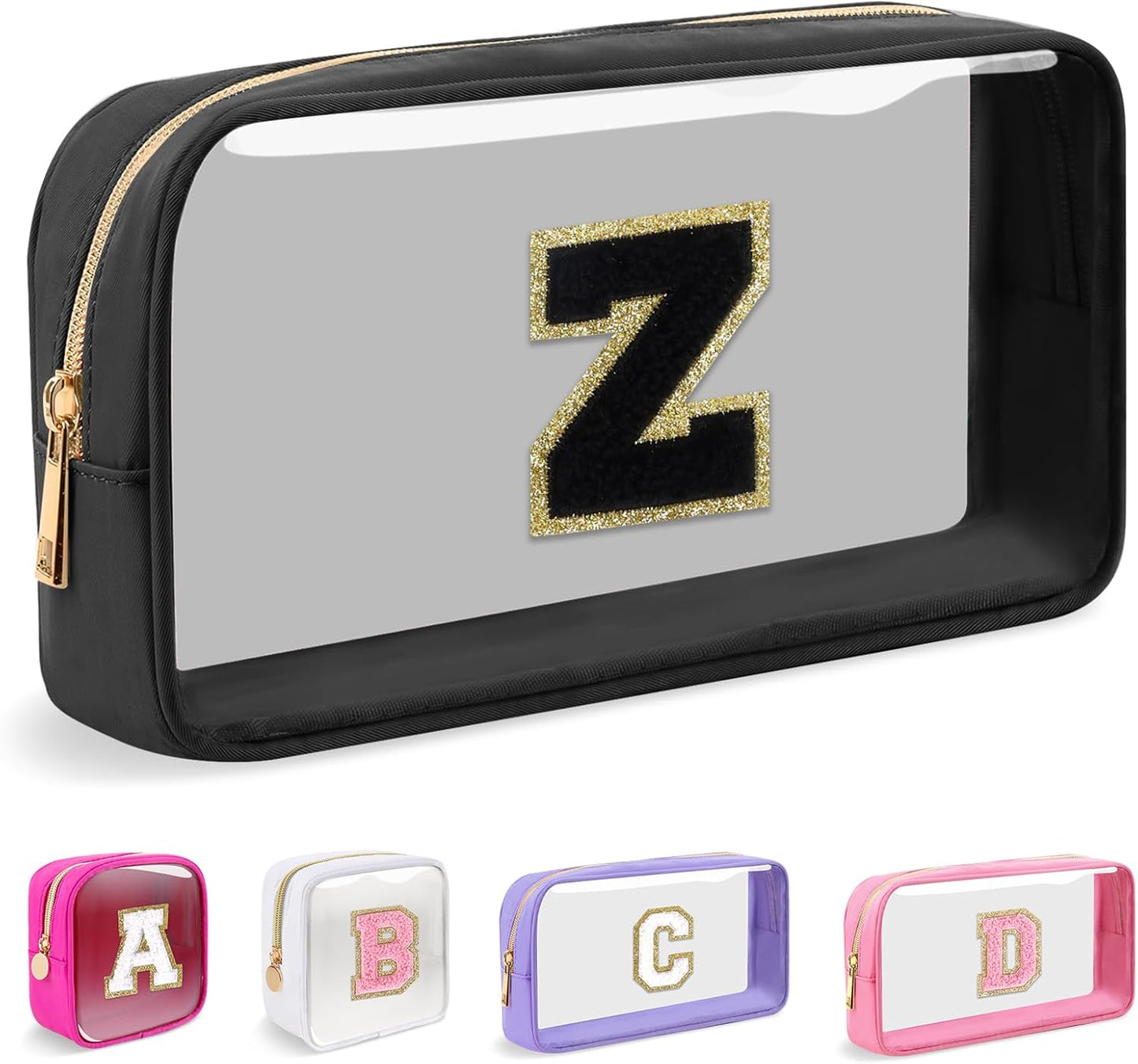 Personalized Initial Makeup Bag - Waterproof Nylon Cosmetic Pouch | A-Z Chenille Letter Patch, White-Pink G