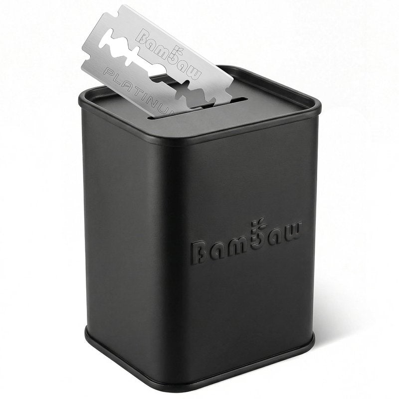 Bambaw Safety Razor Blade Disposal Container for Safety Razor Blades, High Capacity, Compact & Sealed Bank with One-Way Slot, Made of Tin-Plated Steel (Black)