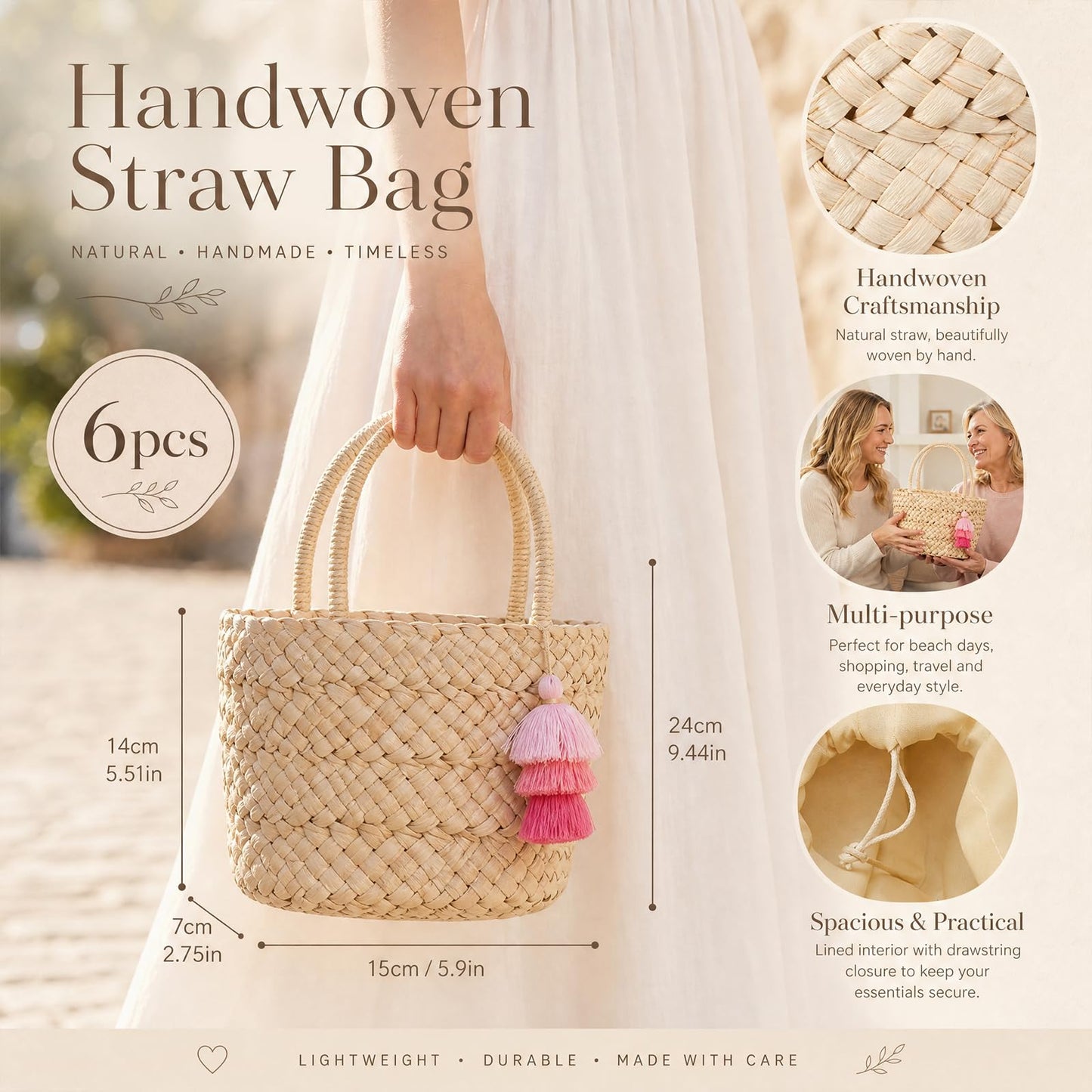 Abbylike 6 Pcs Mini Straw Tote Bags with Tassel Keychains, Woven Beach Handbags with Lining DIY Handmade Gift Bags for Bachelorette Party, Bridal Shower, Beach, Picnic & Girls Trip