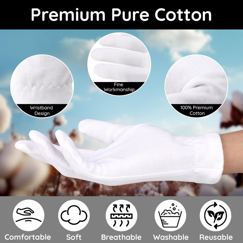Segbeauty 24 Counts Hand Care Moisturizing Gloves with Elastic Band, Thick White Cotton Gloves for Women Men Dry Hands, 12 Pairs Lotion Sleeping Gloves Overnight, Stretchable Work Glove Liners Medium