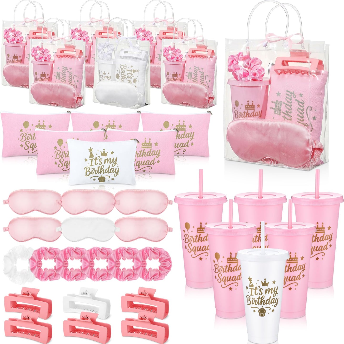 Ferrochef 6 Sets Birthday Squad Party Favors for Women Birthday Squad Cups Tumblers with Lids Straws Makeup Bags Satin Eye Masks Hair Clips Hair Scrunchies for Spa Sleepover Accessories(Pink White)