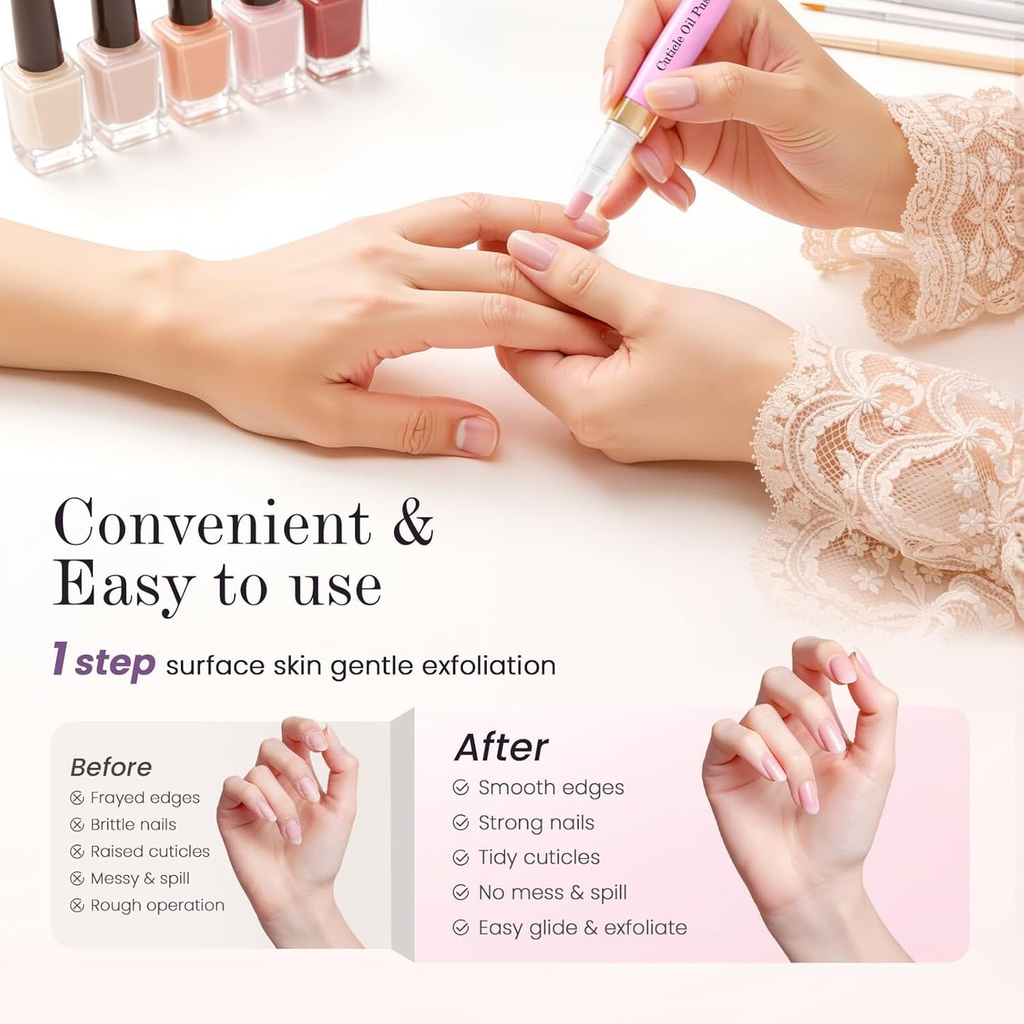 2-in-1 Cuticle Remover Pen - Ceramic Nail Pusher Tool for Hangnails & Dry Nails | Nourish & Moisturize, 4 Pcs