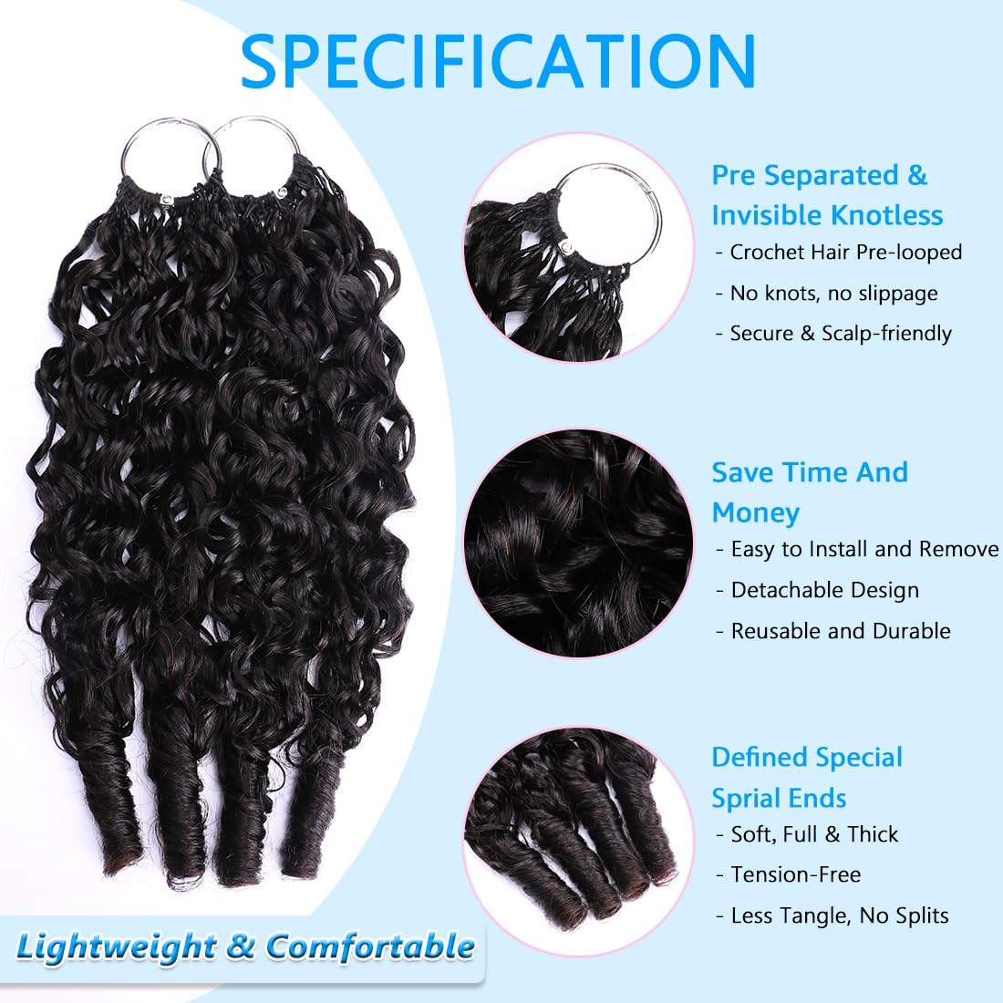 Human Crochet Hair for Black Women 18 Inch 50g Pre-Separated Burmese Curly Feather Human Hair Bundles Invisible Miracle Knots Lightweight Crochet Human Hair Extensions Natural Black