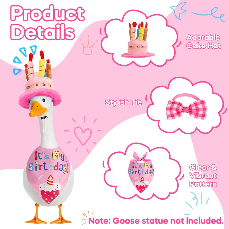 Wanocean Porch Goose Outfits, Happy Birthday Outfits Set with Cake Hat & Bow-Tie, Mothers Day Gifts for Women Mom Wife, Porch Cement Goose Costume Fit 17"- 23" Geese for Outdoor Garden Decor,Pink