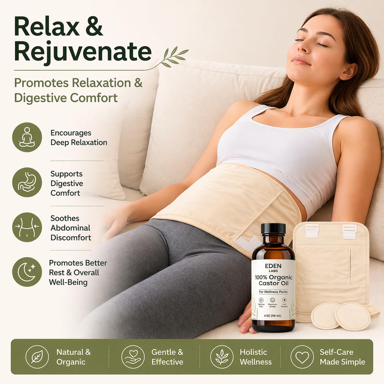 Eden Labs Castor Oil Pack, Reusable Castor Oil Wrap with 116ml, Comfortable Waist Pack for Daily Wellness Routine, Supports Relaxation & Digestive Comfort, Adjustable & Easy to Use