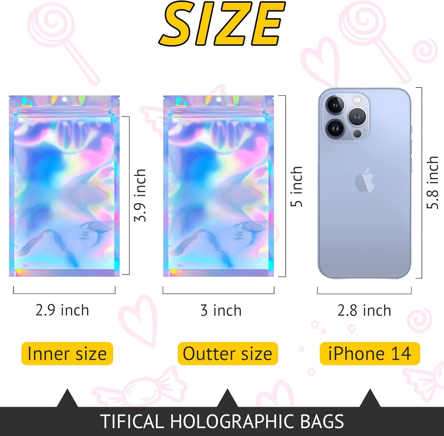 Holographic Smell Proof Bags - 100 PCS Resealable Mylar Gift Bags for Food & Jewelry | 3x5 Inch