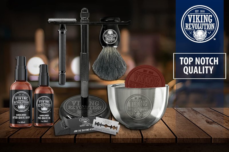 Viking Revolution Luxury Safety Razor Shaving Kit - Includes Double Edge Safety Razor, Stand, Bowl, After-Shave Balm, Pre-Shave Oil, Badger Brush - Safety Razor Kit
