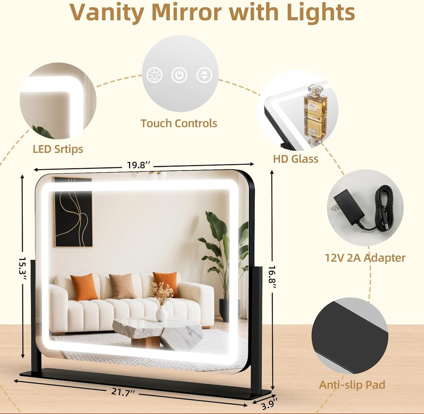 Lighted Makeup Mirror with 10X Magnification - 3 Color Dimmable Lights, 360° Rotation | 22"x17", Black