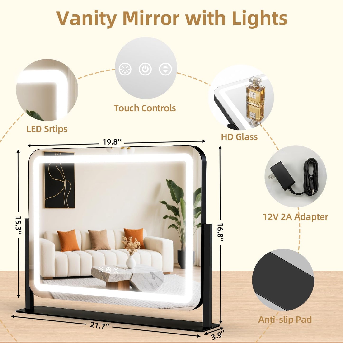 Vanity Mirror with Lights 22"x17", Lighted Makeup Mirror with 10X Magnification, 3 Color Dimmble Lights, Touch Control, 360° Rotation, Metal Frame, Women's Gift, For Bedroom/Dressing Room, Black