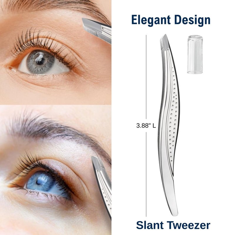 Eyebrow Tweezers – Precision Slant Tip Stainless Steel Tweezers for Ingrown Hair Removal, Professional Salon Grade, Non-Slip Grip